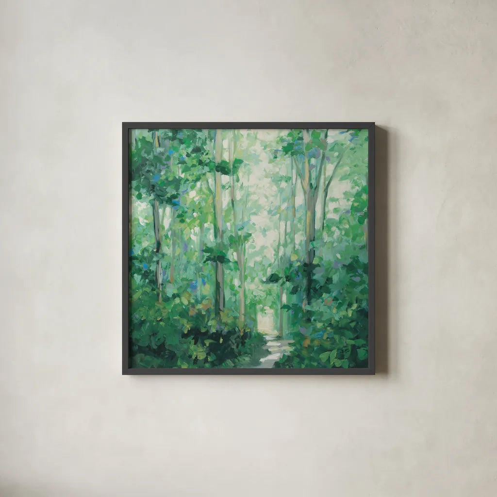 Summer Path v2 Sq by Julia Purinton. Shown in a sleek black glass frame for a contemporary gallery look. Available as an archival giclee rolled canvas, fine art paper, or poster print. SKU 95194a.