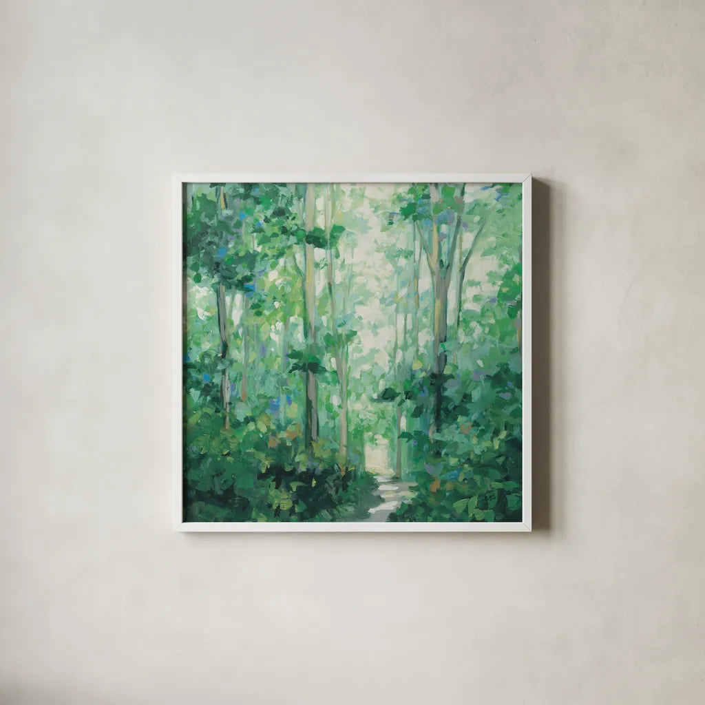 Summer Path v2 Sq by Julia Purinton. Shown in a crisp white glass frame for a clean and minimalist style. Available as an archival giclee rolled canvas, fine art paper, or poster print. SKU 95194a.