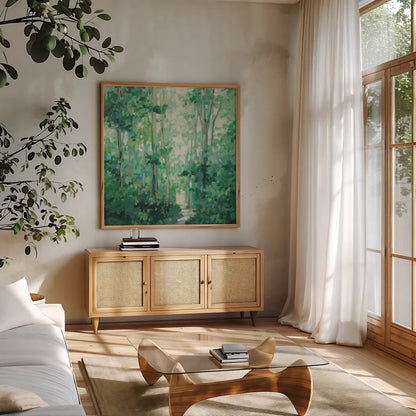 Summer Path v2 Sq by Julia Purinton. Shown in a natural wood frame in a cozy modern living room. Available as an archival giclee rolled canvas, fine art paper, or poster print. SKU 95194a.