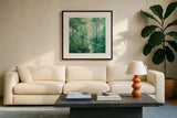 Summer Path v2 Sq by Julia Purinton. Displayed in a glass frame with matte in a clean modern living room. Available as an archival giclee rolled canvas, fine art paper, or poster print. SKU 95194a.