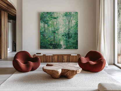 Summer Path v2 Sq by Julia Purinton. Shown as extra-large giant wall art in a modern living room. Available as an archival giclee rolled canvas, fine art paper, or poster print. SKU 95194a.