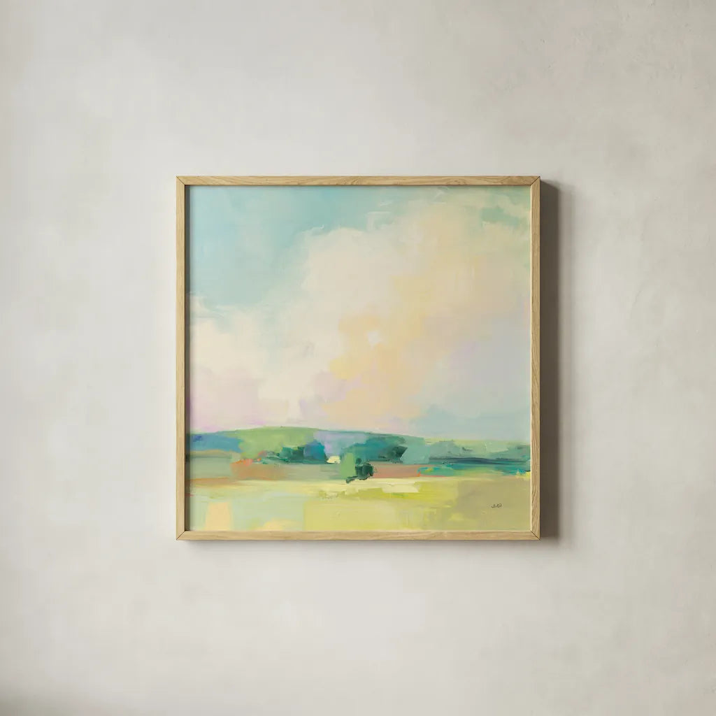 Summer Sky II by Julia Purinton. Shown in a natural wood glass frame for a timeless modern aesthetic. Available as an archival giclee rolled canvas, fine art paper, or poster print. SKU 58514a.