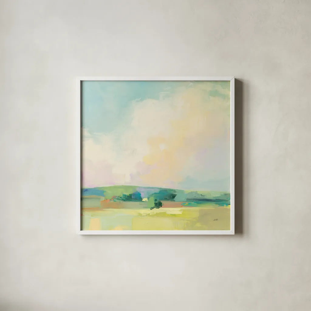 Summer Sky II by Julia Purinton. Shown in a crisp white glass frame for a clean and minimalist style. Available as an archival giclee rolled canvas, fine art paper, or poster print. SKU 58514a.