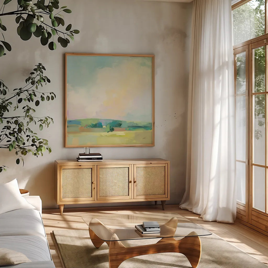 Summer Sky II by Julia Purinton. Shown in a natural wood frame in a cozy modern living room. Available as an archival giclee rolled canvas, fine art paper, or poster print. SKU 58514a.