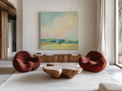 Summer Sky II by Julia Purinton. Shown as extra-large giant wall art in a modern living room. Available as an archival giclee rolled canvas, fine art paper, or poster print. SKU 58514a.