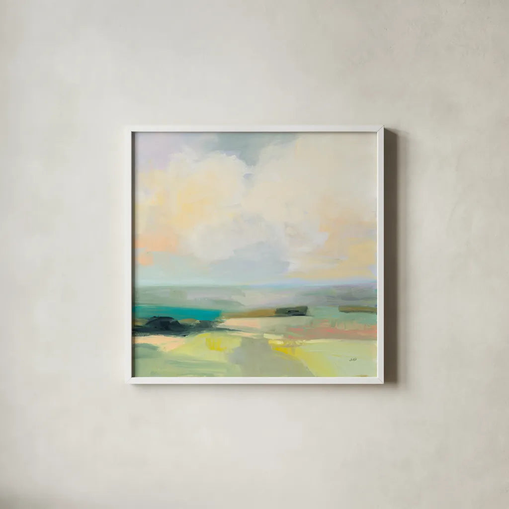 Summer Sky III by Julia Purinton. Shown in a crisp white glass frame for a clean and minimalist style. Available as an archival giclee rolled canvas, fine art paper, or poster print. SKU 58515a.