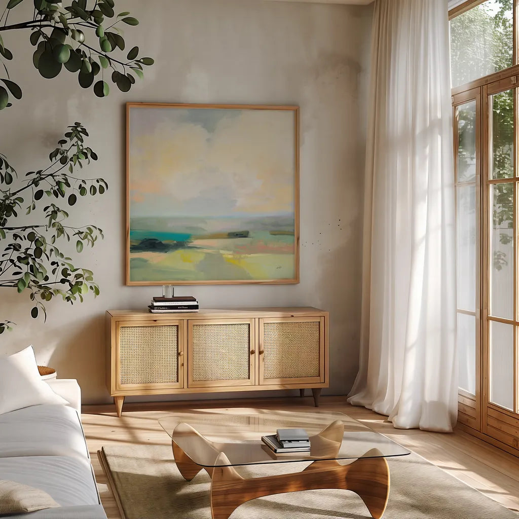 Summer Sky III by Julia Purinton. Shown in a natural wood frame in a cozy modern living room. Available as an archival giclee rolled canvas, fine art paper, or poster print. SKU 58515a.