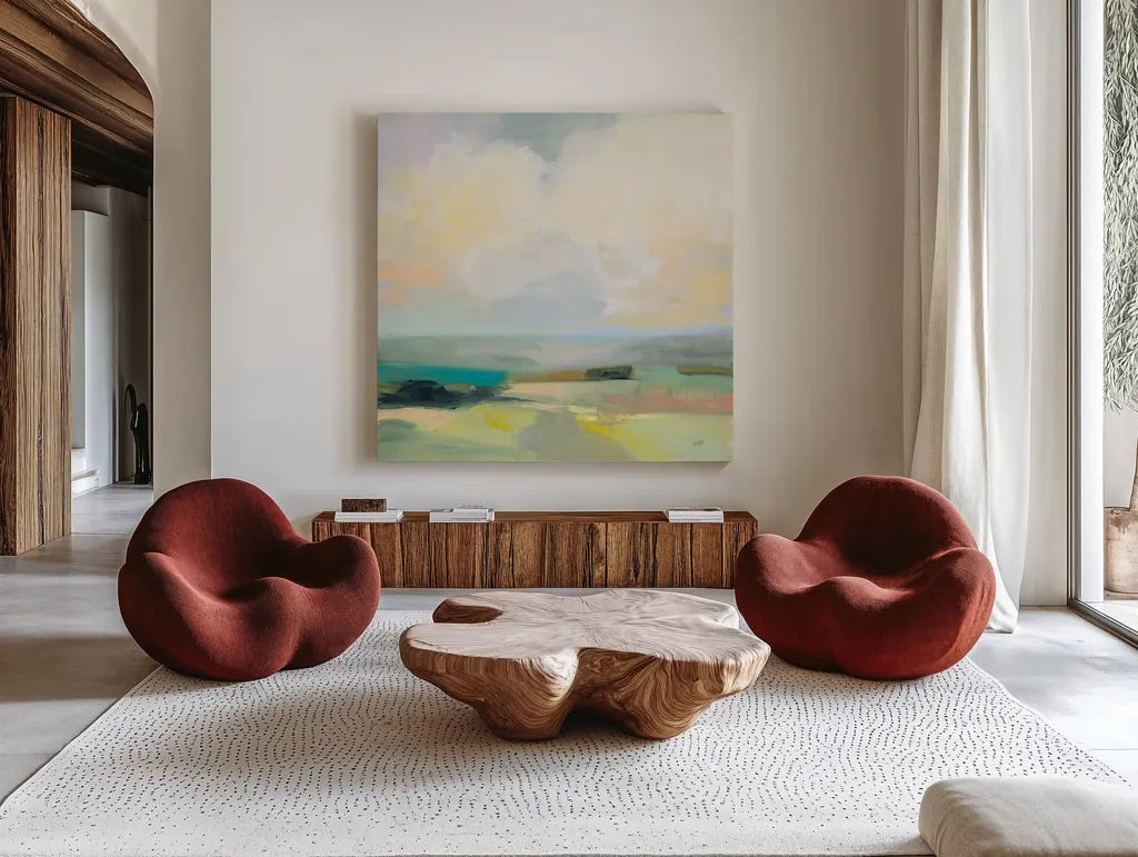 Summer Sky III by Julia Purinton. Shown as extra-large giant wall art in a modern living room. Available as an archival giclee rolled canvas, fine art paper, or poster print. SKU 58515a.