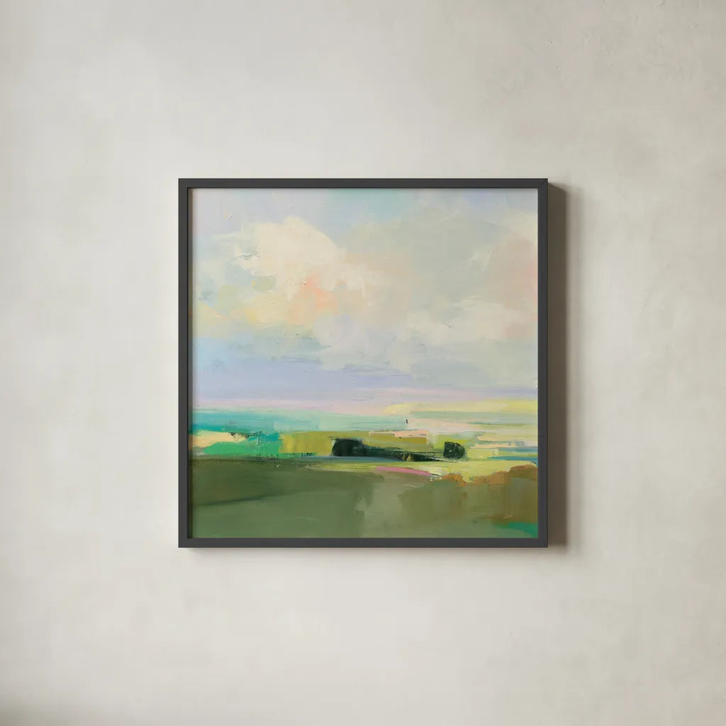 Summer Sky IV by Julia Purinton. Shown in a sleek black glass frame for a contemporary gallery look. Available as an archival giclee rolled canvas, fine art paper, or poster print. SKU 74170a.