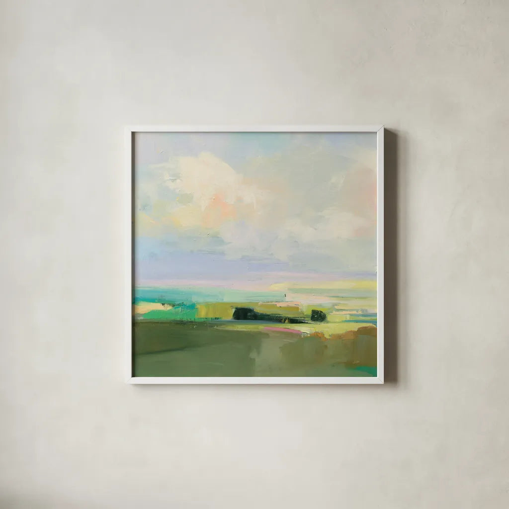 Summer Sky IV by Julia Purinton. Shown in a crisp white glass frame for a clean and minimalist style. Available as an archival giclee rolled canvas, fine art paper, or poster print. SKU 74170a.