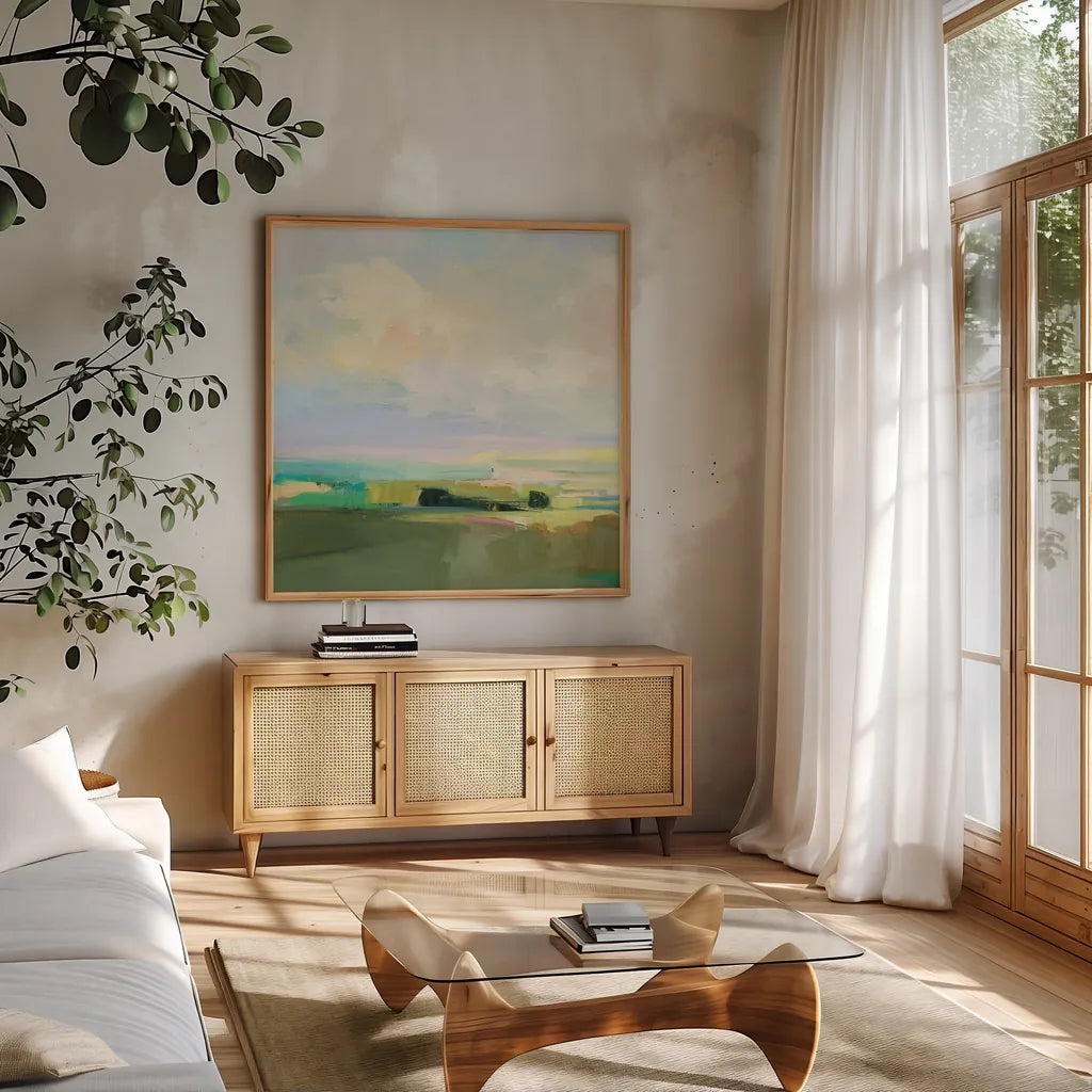 Summer Sky IV by Julia Purinton. Shown in a natural wood frame in a cozy modern living room. Available as an archival giclee rolled canvas, fine art paper, or poster print. SKU 74170a.