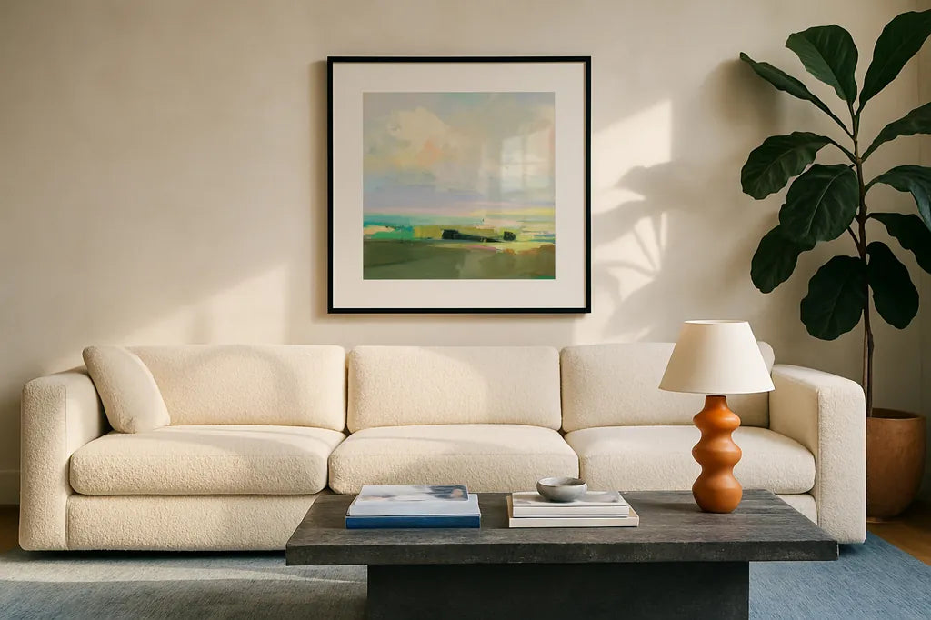 Summer Sky IV by Julia Purinton. Displayed in a glass frame with matte in a clean modern living room. Available as an archival giclee rolled canvas, fine art paper, or poster print. SKU 74170a.