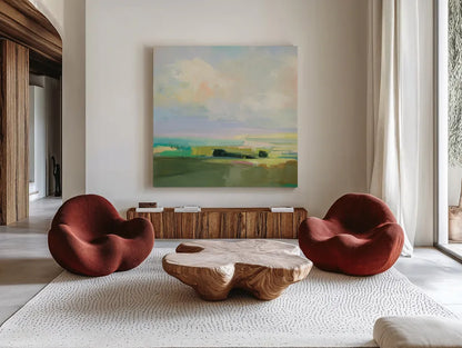 Summer Sky IV by Julia Purinton. Shown as extra-large giant wall art in a modern living room. Available as an archival giclee rolled canvas, fine art paper, or poster print. SKU 74170a.