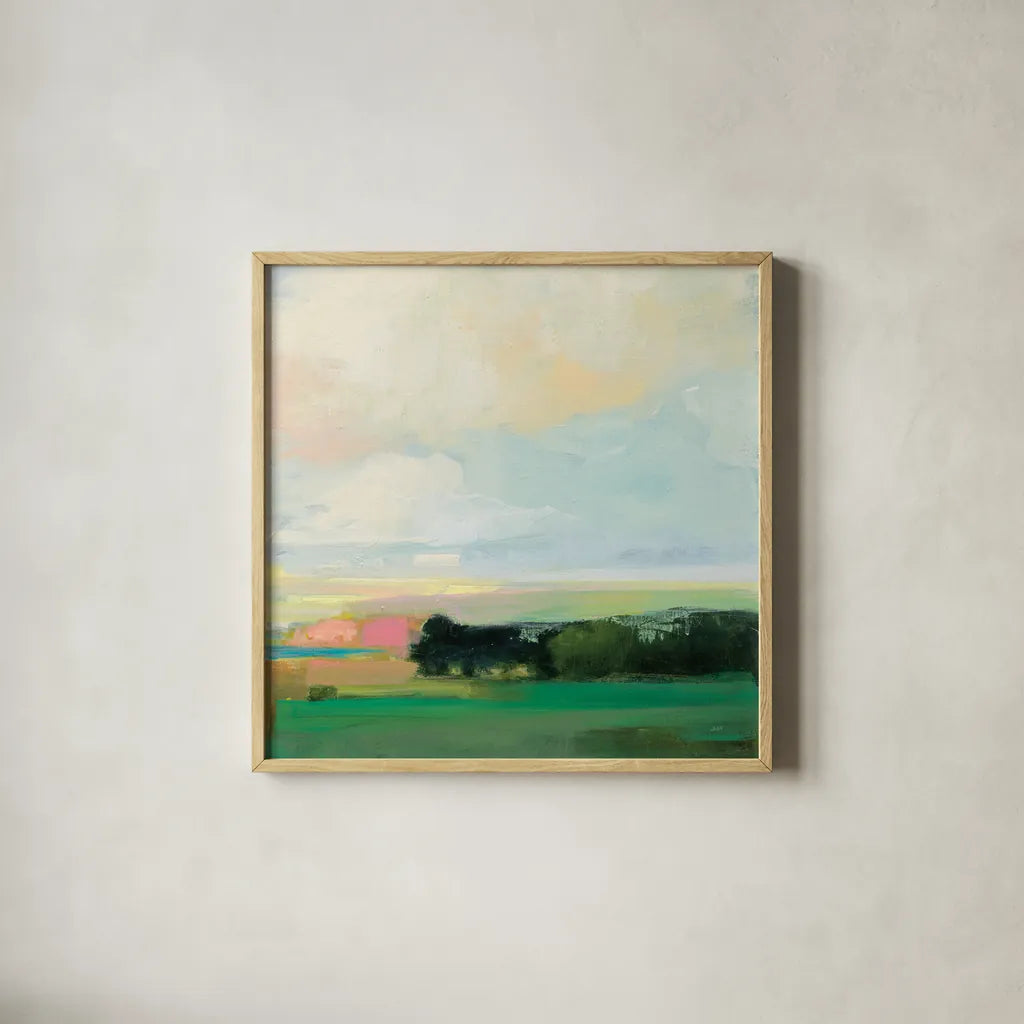 Summer Sky V by Julia Purinton. Shown in a natural wood glass frame for a timeless modern aesthetic. Available as an archival giclee rolled canvas, fine art paper, or poster print. SKU 74171a.