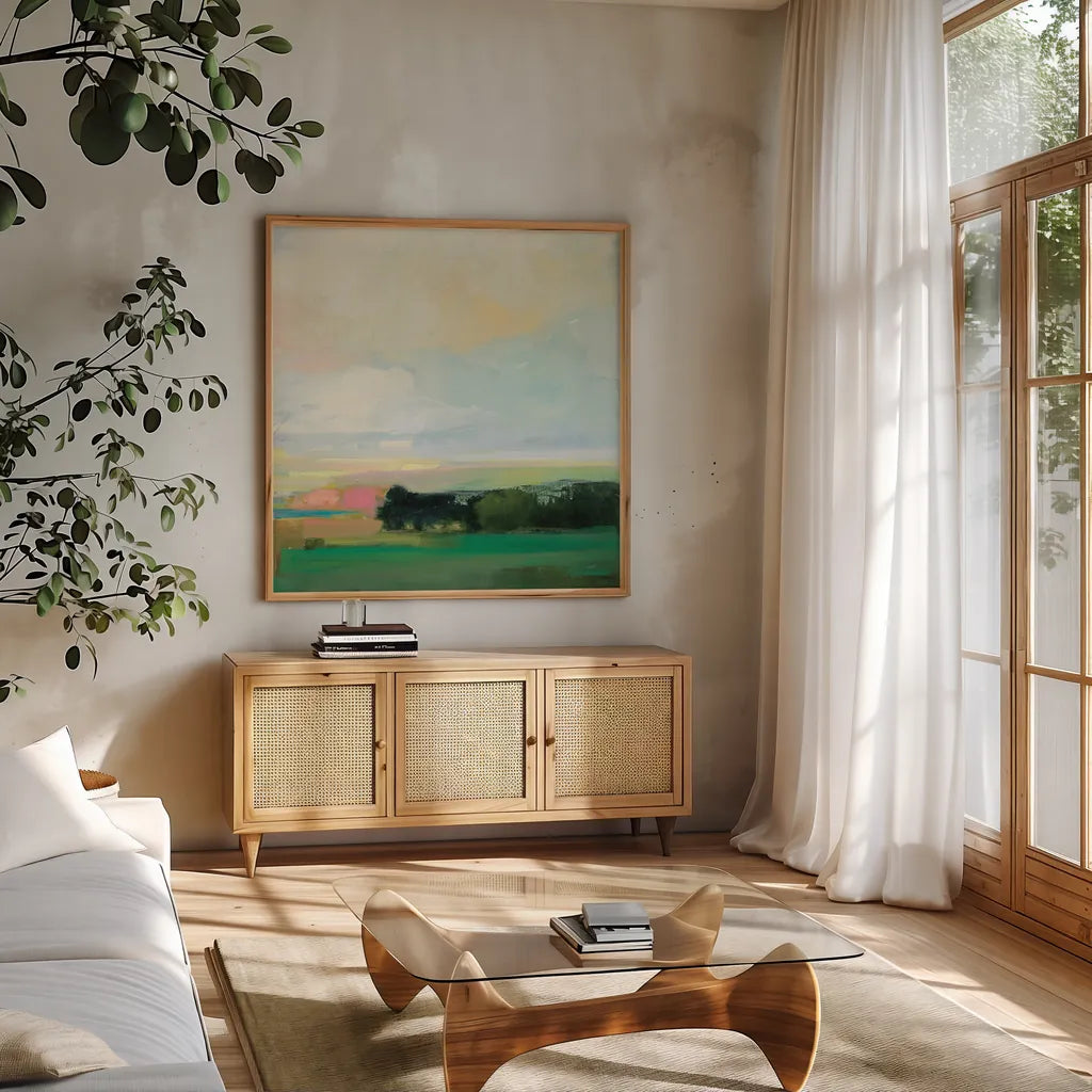 Summer Sky V by Julia Purinton. Shown in a natural wood frame in a cozy modern living room. Available as an archival giclee rolled canvas, fine art paper, or poster print. SKU 74171a.
