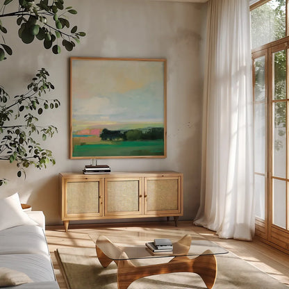 Summer Sky V by Julia Purinton. Shown in a natural wood frame in a cozy modern living room. Available as an archival giclee rolled canvas, fine art paper, or poster print. SKU 74171a.