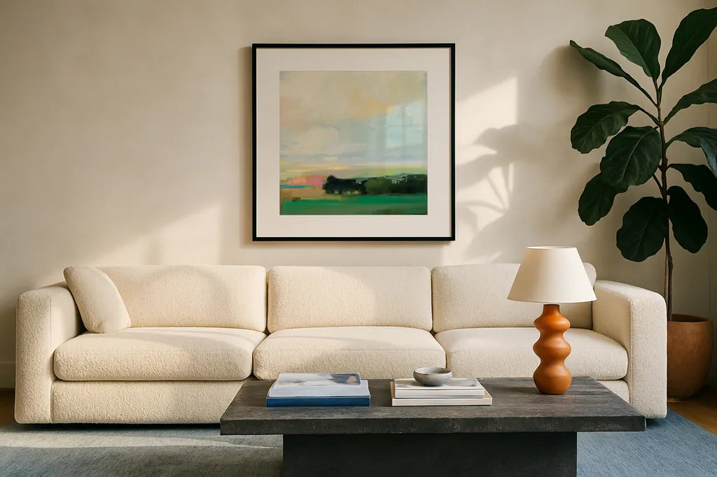 Summer Sky V by Julia Purinton. Displayed in a glass frame with matte in a clean modern living room. Available as an archival giclee rolled canvas, fine art paper, or poster print. SKU 74171a.
