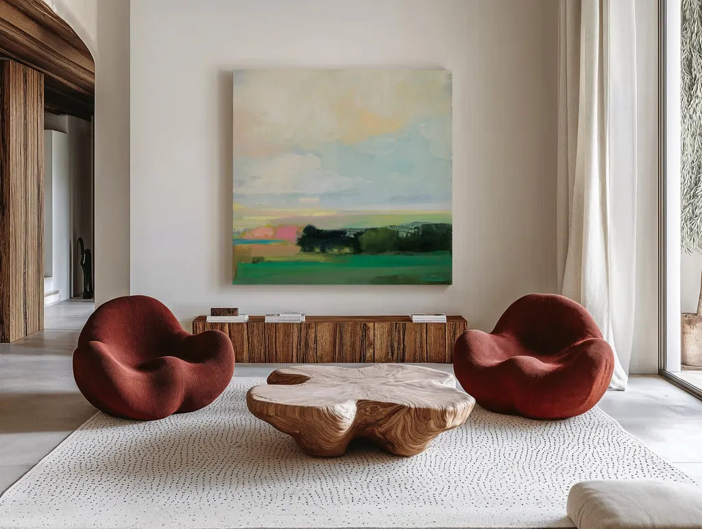 Summer Sky V by Julia Purinton. Shown as extra-large giant wall art in a modern living room. Available as an archival giclee rolled canvas, fine art paper, or poster print. SKU 74171a.