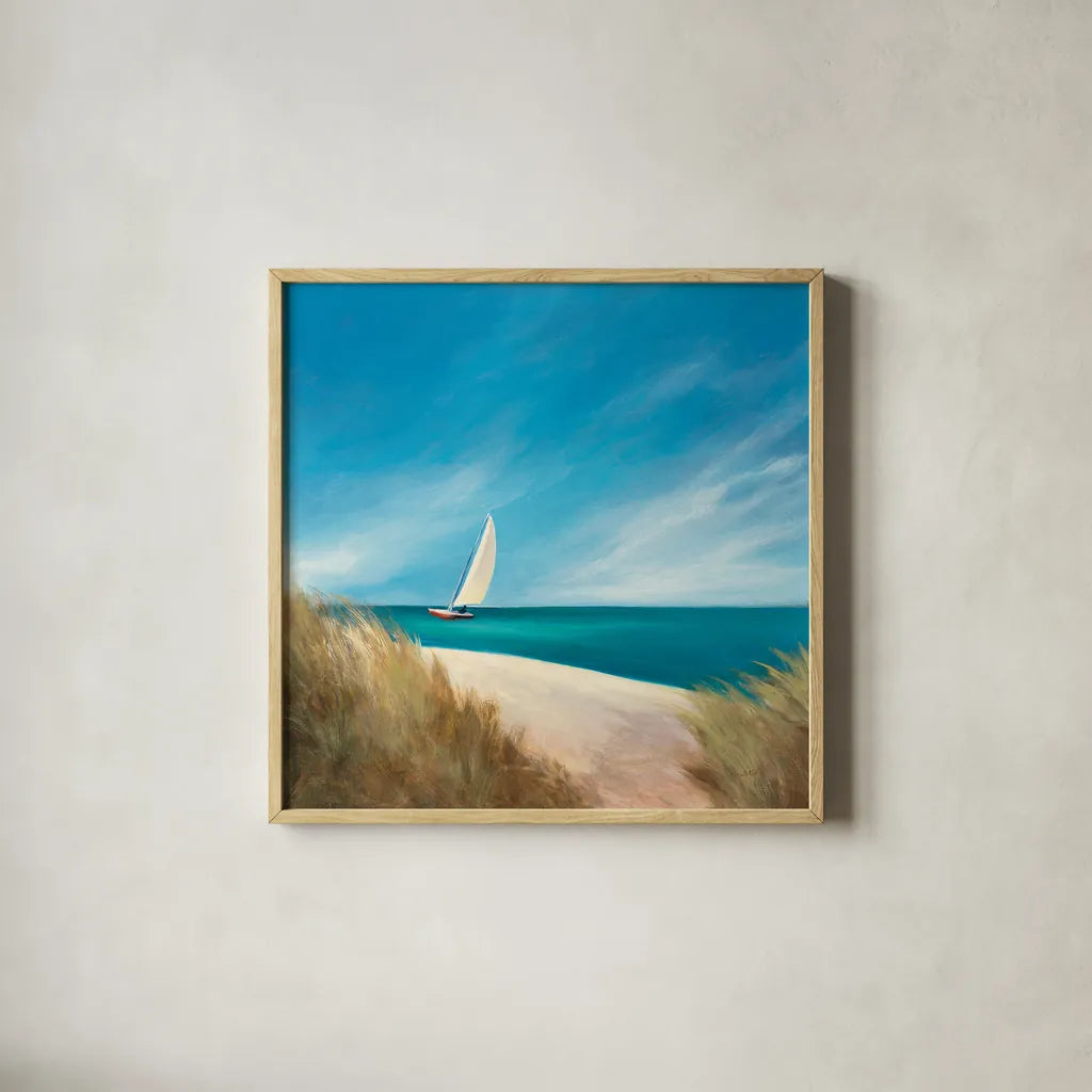 Sunday Sail by Julia Purinton. Shown in a natural wood glass frame for a timeless modern aesthetic. Available as an archival giclee rolled canvas, fine art paper, or poster print. SKU 11437a.