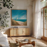 Sunday Sail by Julia Purinton. Shown in a natural wood frame in a cozy modern living room. Available as an archival giclee rolled canvas, fine art paper, or poster print. SKU 11437a.