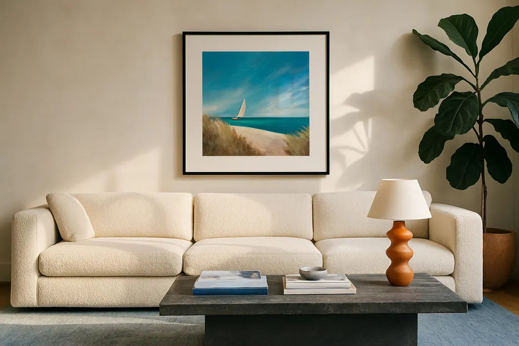 Sunday Sail by Julia Purinton. Displayed in a glass frame with matte in a clean modern living room. Available as an archival giclee rolled canvas, fine art paper, or poster print. SKU 11437a.