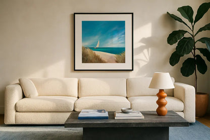 Sunday Sail by Julia Purinton. Displayed in a glass frame with matte in a clean modern living room. Available as an archival giclee rolled canvas, fine art paper, or poster print. SKU 11437a.