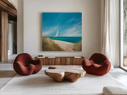 Sunday Sail by Julia Purinton. Shown as extra-large giant wall art in a modern living room. Available as an archival giclee rolled canvas, fine art paper, or poster print. SKU 11437a.