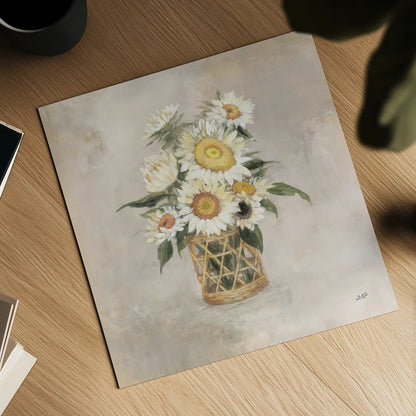 Sunflowers in Rattan by Julia Purinton. Shown as a detailed flat fine art print, highlighting archival giclee quality. Available as an archival giclee rolled canvas, fine art paper, or poster print. SKU 71914a.