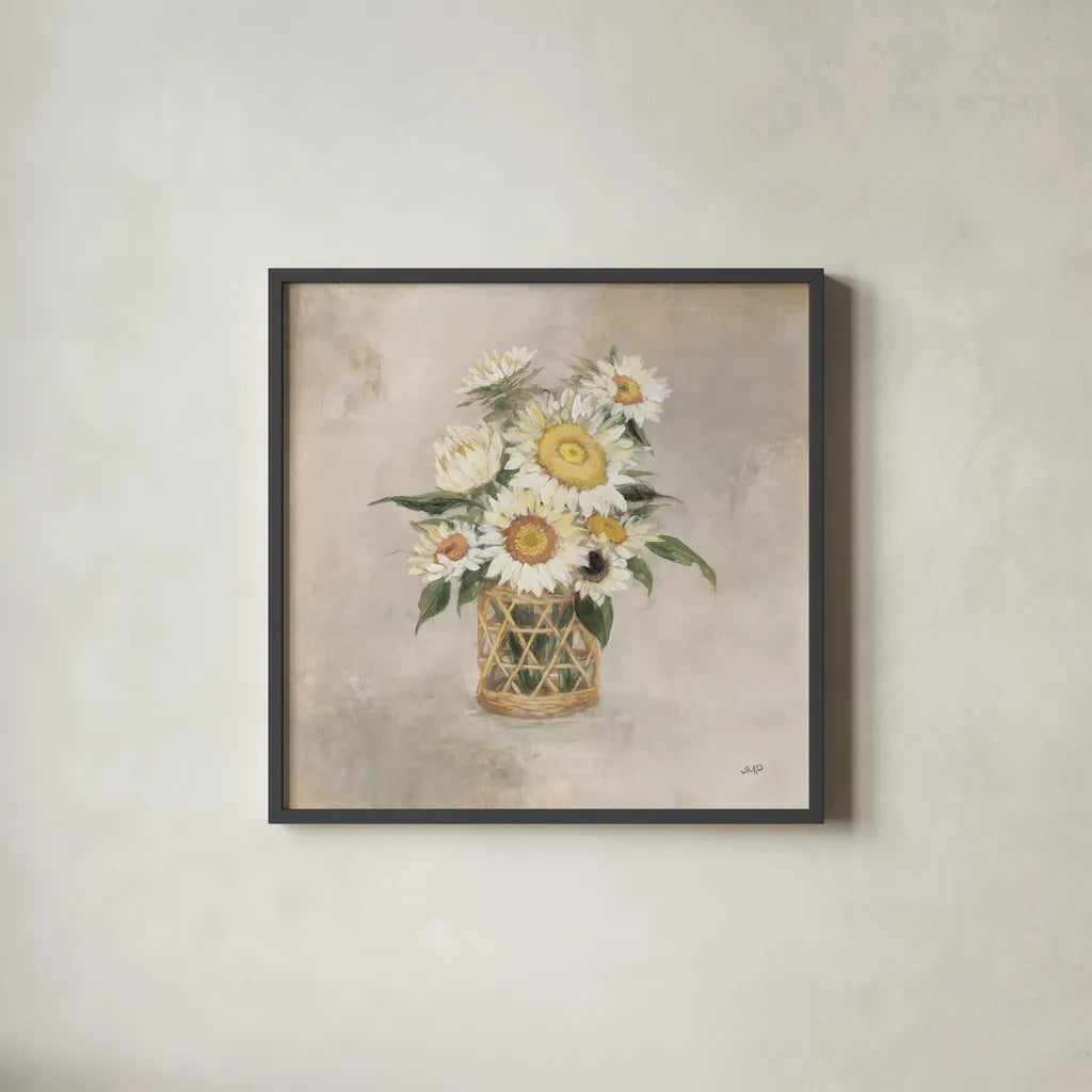 Sunflowers in Rattan by Julia Purinton. Shown in a sleek black glass frame for a contemporary gallery look. Available as an archival giclee rolled canvas, fine art paper, or poster print. SKU 71914a.