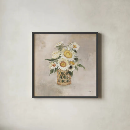 Sunflowers in Rattan by Julia Purinton. Shown in a sleek black glass frame for a contemporary gallery look. Available as an archival giclee rolled canvas, fine art paper, or poster print. SKU 71914a.