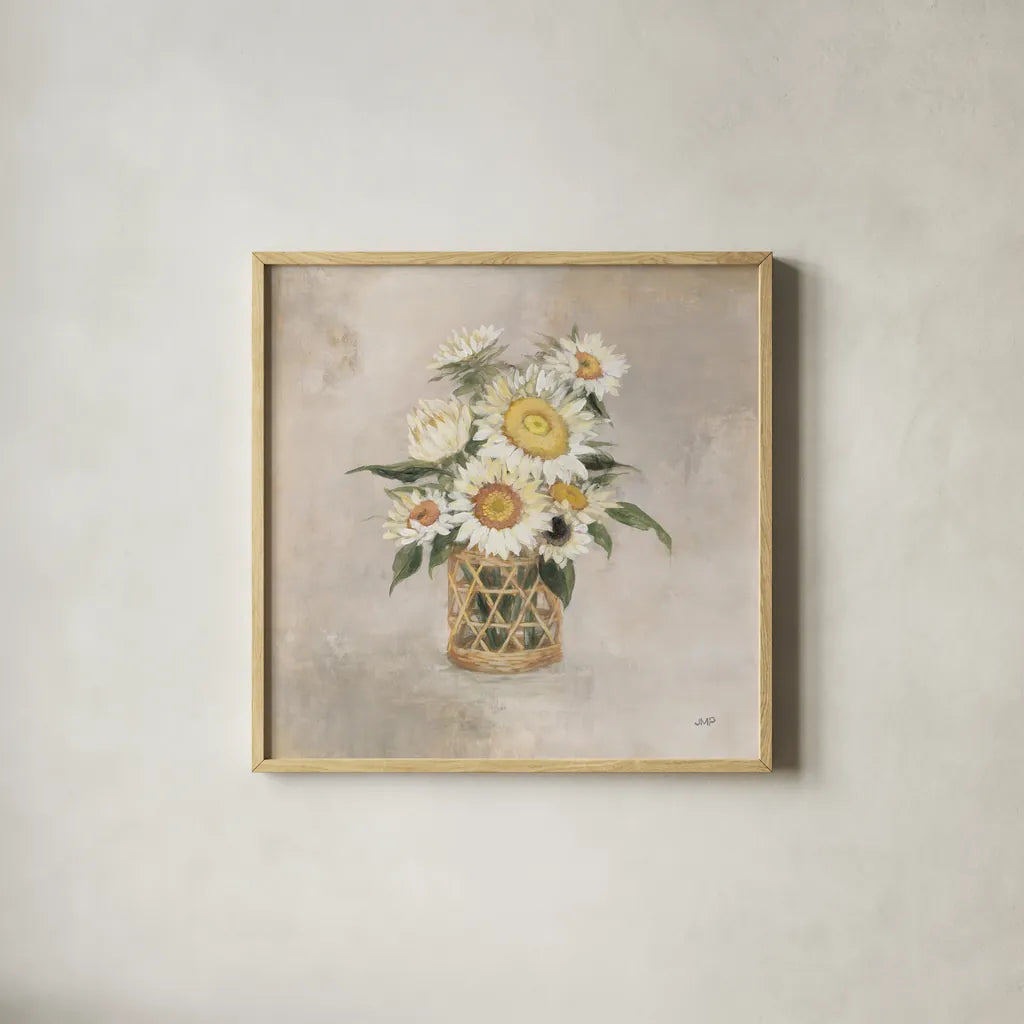 Sunflowers in Rattan by Julia Purinton. Shown in a natural wood glass frame for a timeless modern aesthetic. Available as an archival giclee rolled canvas, fine art paper, or poster print. SKU 71914a.