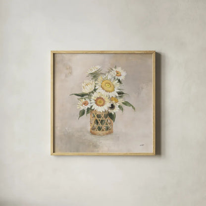 Sunflowers in Rattan by Julia Purinton. Shown in a natural wood glass frame for a timeless modern aesthetic. Available as an archival giclee rolled canvas, fine art paper, or poster print. SKU 71914a.