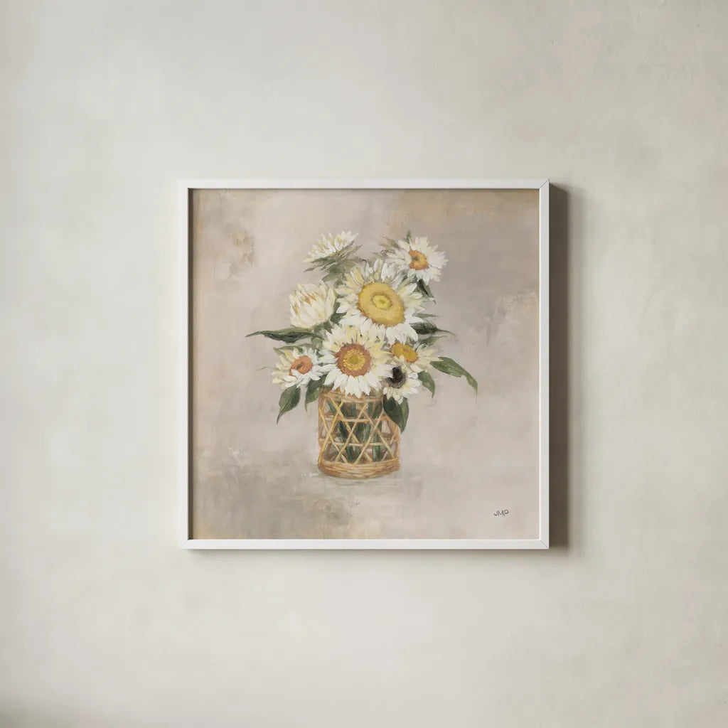 Sunflowers in Rattan by Julia Purinton. Shown in a crisp white glass frame for a clean and minimalist style. Available as an archival giclee rolled canvas, fine art paper, or poster print. SKU 71914a.