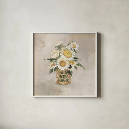 Sunflowers in Rattan by Julia Purinton. Shown in a crisp white glass frame for a clean and minimalist style. Available as an archival giclee rolled canvas, fine art paper, or poster print. SKU 71914a.