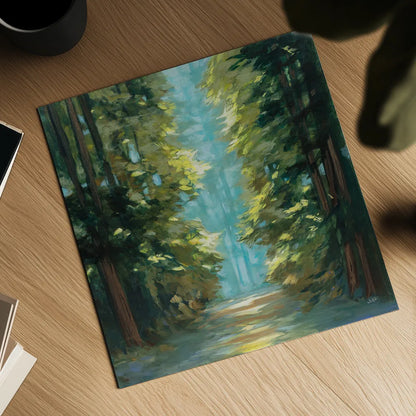 Sunlit Forest by Julia Purinton. Shown as a detailed flat fine art print, highlighting archival giclee quality. Available as an archival giclee rolled canvas, fine art paper, or poster print. SKU 79246a.
