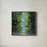 Sunlit Forest by Julia Purinton. Shown in a sleek black glass frame for a contemporary gallery look. Available as an archival giclee rolled canvas, fine art paper, or poster print. SKU 79246a.