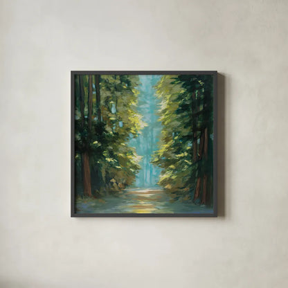 Sunlit Forest by Julia Purinton. Shown in a sleek black glass frame for a contemporary gallery look. Available as an archival giclee rolled canvas, fine art paper, or poster print. SKU 79246a.