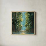Sunlit Forest by Julia Purinton. Shown in a natural wood glass frame for a timeless modern aesthetic. Available as an archival giclee rolled canvas, fine art paper, or poster print. SKU 79246a.