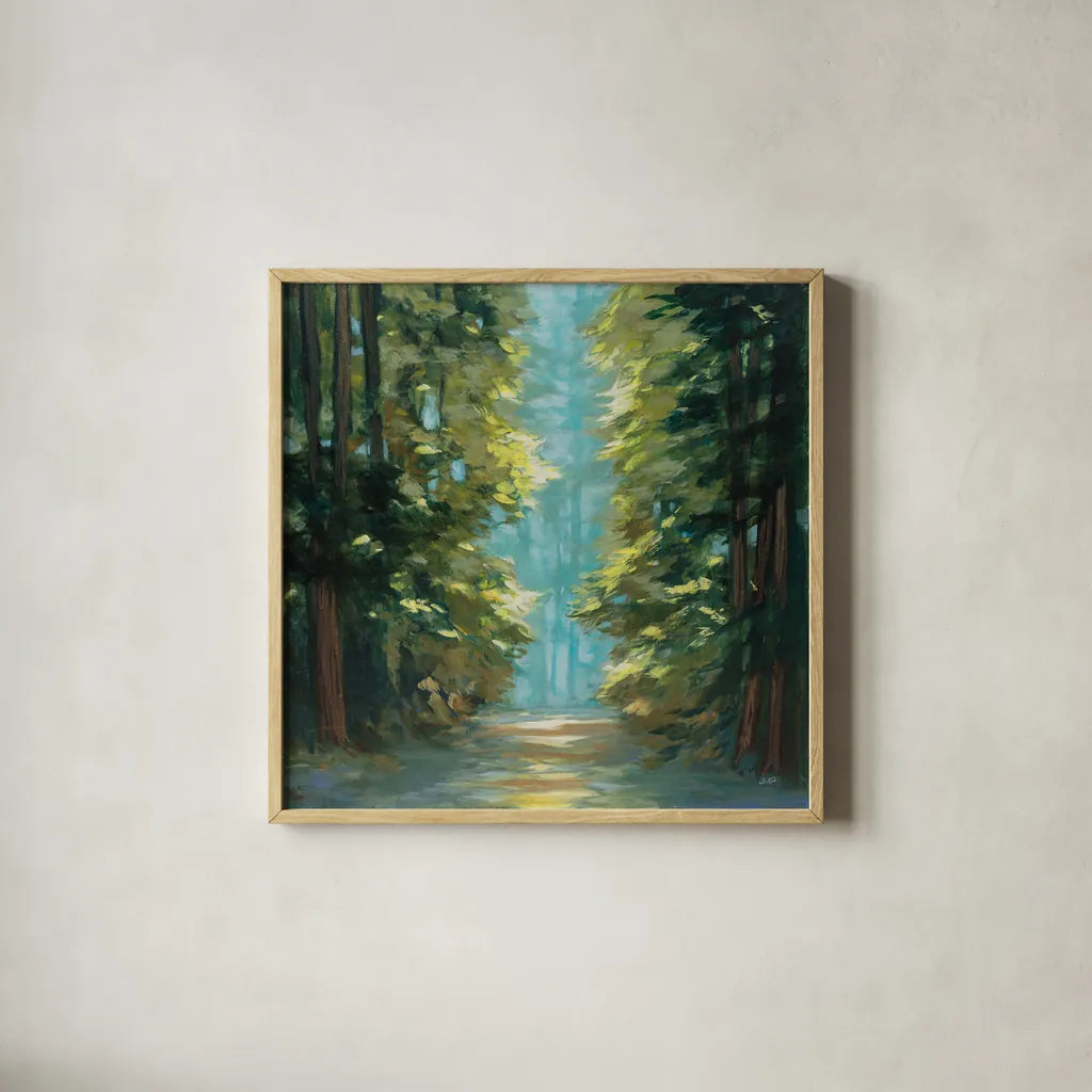 Sunlit Forest by Julia Purinton. Shown in a natural wood glass frame for a timeless modern aesthetic. Available as an archival giclee rolled canvas, fine art paper, or poster print. SKU 79246a.