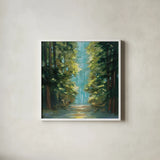 Sunlit Forest by Julia Purinton. Shown in a crisp white glass frame for a clean and minimalist style. Available as an archival giclee rolled canvas, fine art paper, or poster print. SKU 79246a.