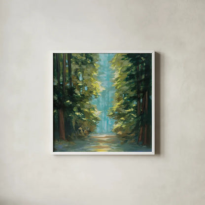 Sunlit Forest by Julia Purinton. Shown in a crisp white glass frame for a clean and minimalist style. Available as an archival giclee rolled canvas, fine art paper, or poster print. SKU 79246a.