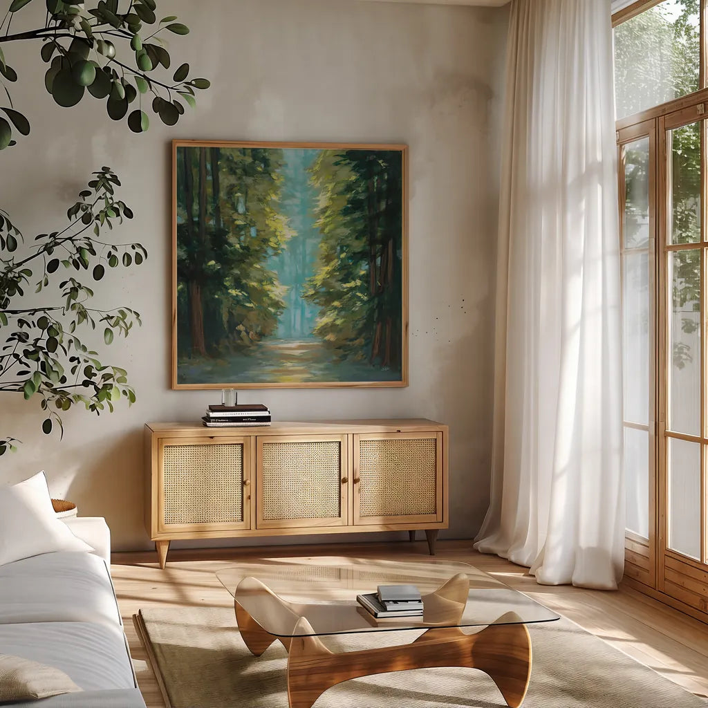 Sunlit Forest by Julia Purinton. Shown in a natural wood frame in a cozy modern living room. Available as an archival giclee rolled canvas, fine art paper, or poster print. SKU 79246a.