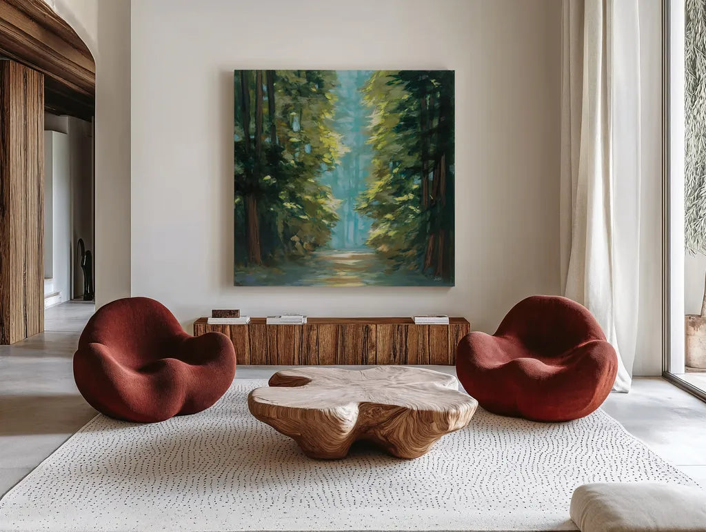 Sunlit Forest by Julia Purinton. Shown as extra-large giant wall art in a modern living room. Available as an archival giclee rolled canvas, fine art paper, or poster print. SKU 79246a.