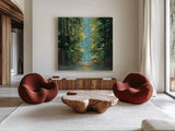 Sunlit Forest by Julia Purinton. Shown as extra-large giant wall art in a modern living room. Available as an archival giclee rolled canvas, fine art paper, or poster print. SKU 79246a.