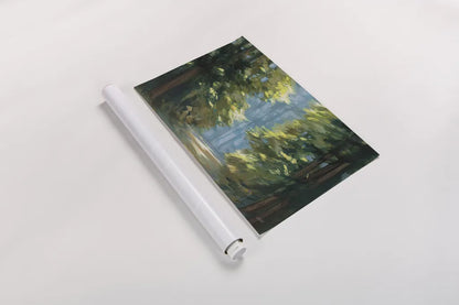 Sunlit Forest Blue Crop by Julia Purinton. shown as a rolled paper print. Available as archival giclee rolled canvas, fine art paper, or poster print. SKU 80575i.