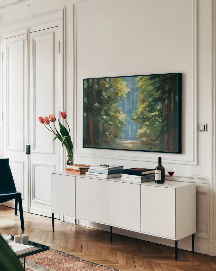 Sunlit Forest Blue Crop by Julia Purinton. shown as a framed stretched canvas in a living room above a console. Available as a archival giclee rolled canvas, fine art paper, or poster print. SKU 80575i.