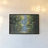 Sunlit Forest Blue Crop by Julia Purinton. shown as a paper print in a black flame. Available as a archival giclee rolled canvas, fine art paper, or poster print. SKU 80575i.