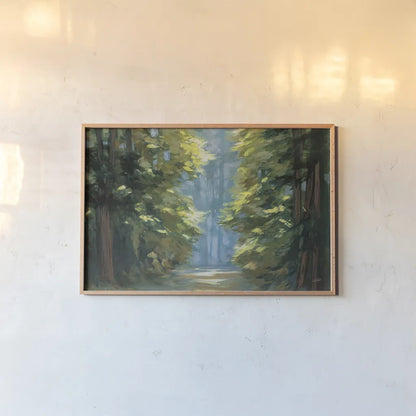 Sunlit Forest Blue Crop by Julia Purinton. shown as a paper print in a natural frame. Available as a archival giclee rolled canvas, fine art paper, or poster print. SKU 80575i.