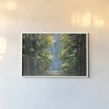 Sunlit Forest Blue Crop by Julia Purinton. shown as a paper print in a white frame. Available as a archival giclee rolled canvas, fine art paper, or poster print. SKU 80575i.