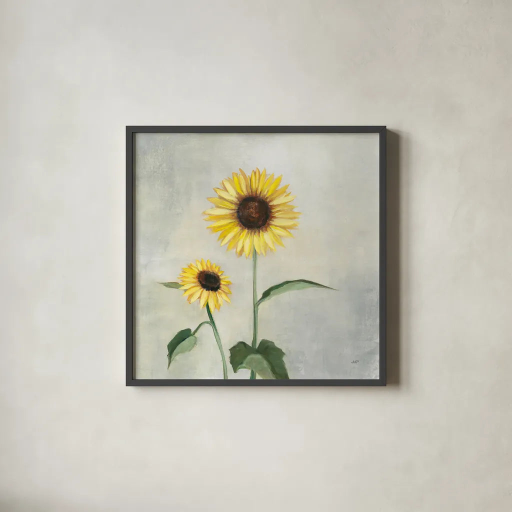 Sunny Blooms I by Julia Purinton. Shown in a sleek black glass frame for a contemporary gallery look. Available as an archival giclee rolled canvas, fine art paper, or poster print. SKU 62195a.
